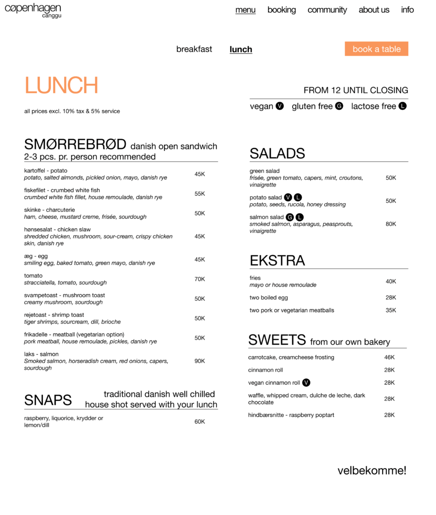 Cøpenhagen lunch menu