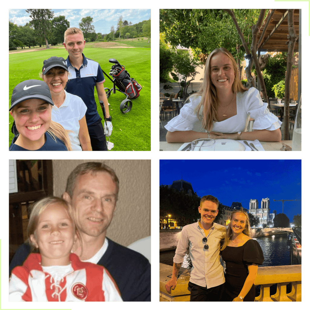 4 billede af mig: øverst til venstre er jeg med min mor og storebror på golftur til Tyskland, øverst til højre er jeg på Zakynthos, nederst til venstre er jeg som barn med min far og nederst til højre er jeg med min kæreste Rasmus i Paris